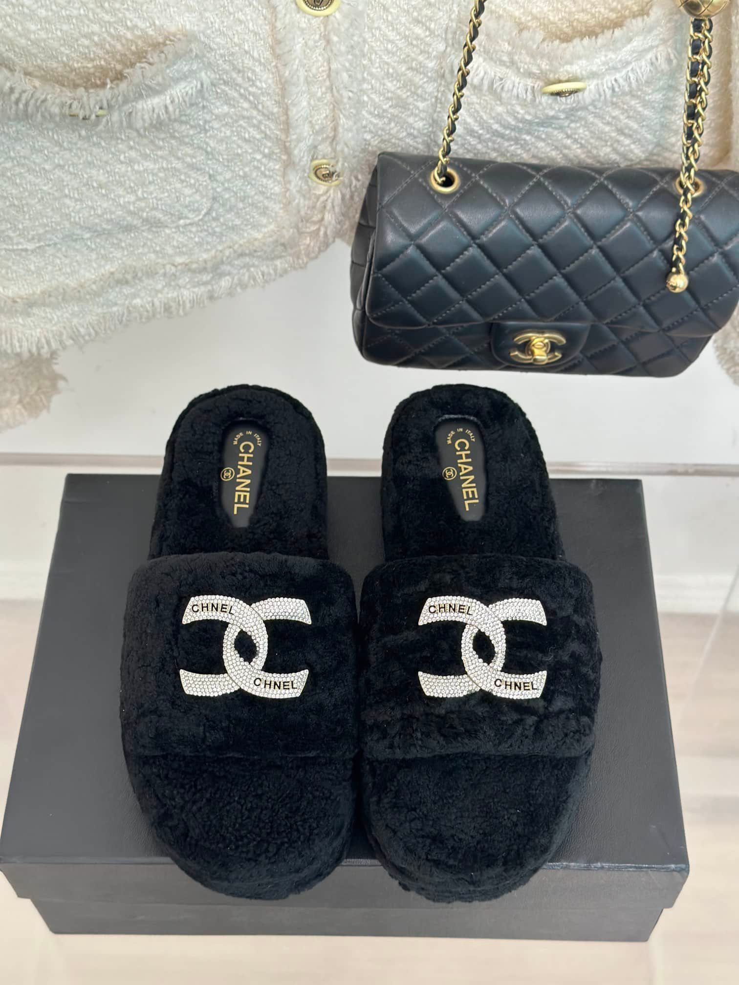 Chanel CC Striped Logo Wool Slippers