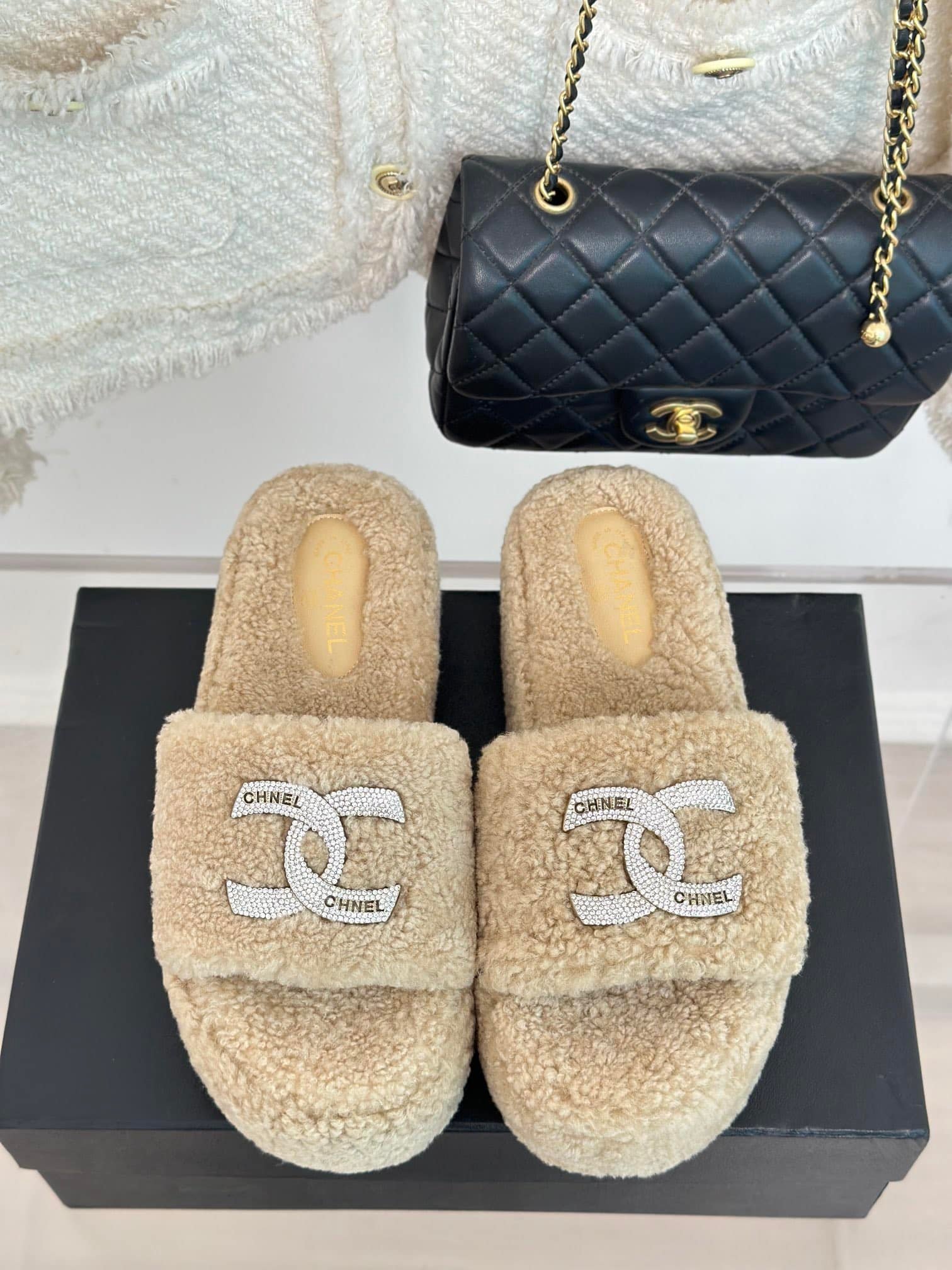 Chanel CC Striped Logo Wool Slippers