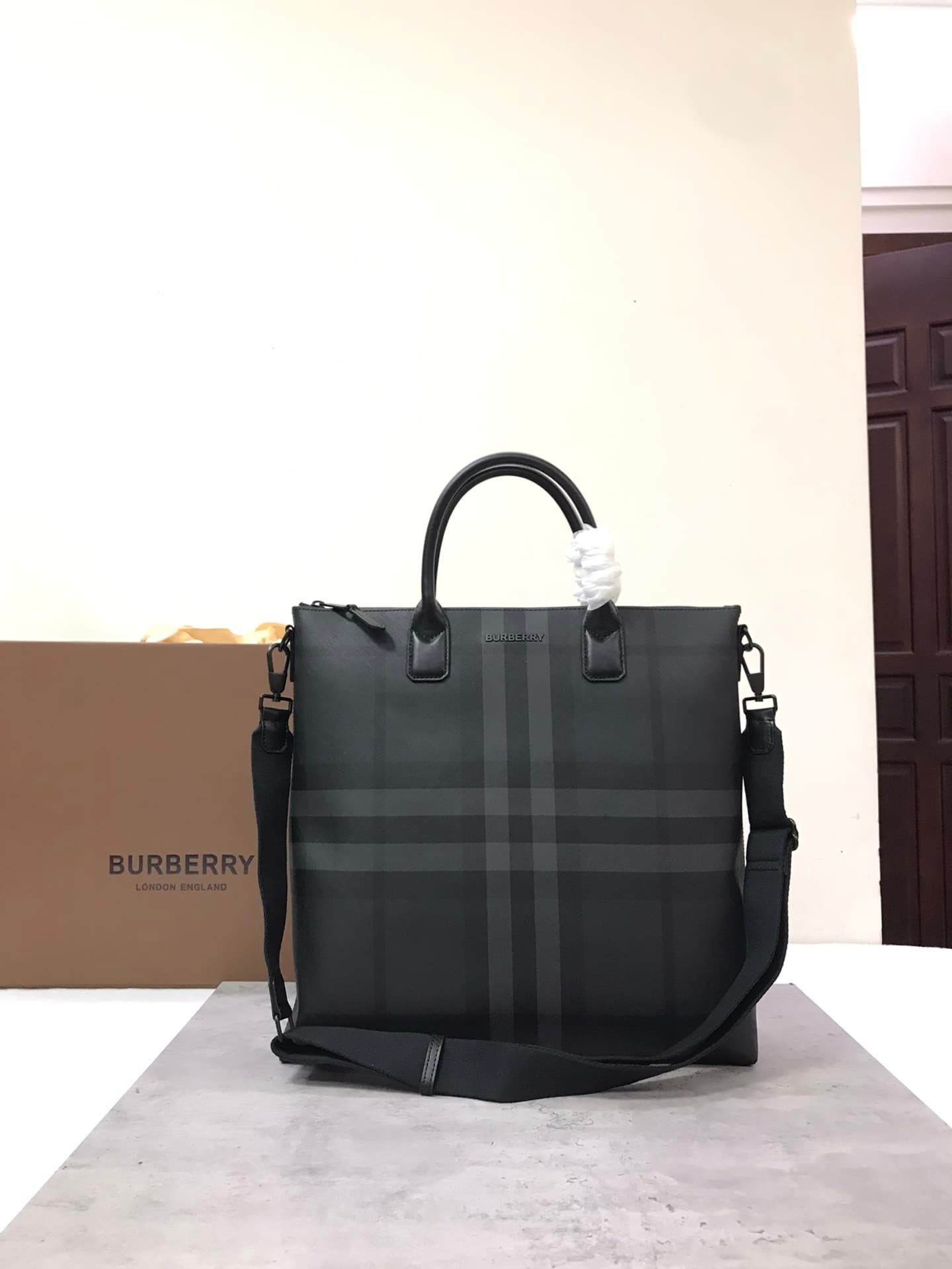 Burberry Stirling Check Tote in Charcoal
