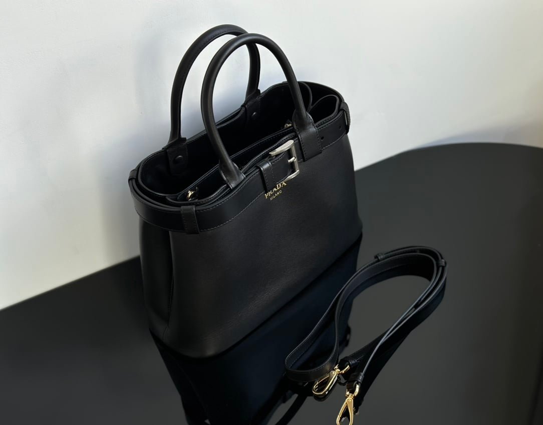 Prada Buckle Leather Tote Bag