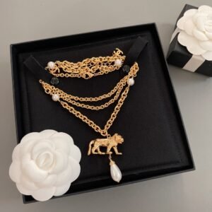 Chanel 2022 Faux Pearl Lion Pendant Double Strand Necklace